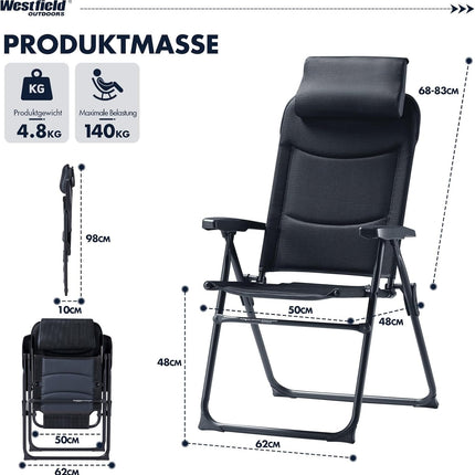 Westfield Outdoors Zenith Ergofit, Foldable Camping Chair, 5-Way Adjustable Backrest, Garden Chair up to 140 kg Load Capacity, Breathable, Adjustable Headrest, for Garden, Camping, Smoke Grey