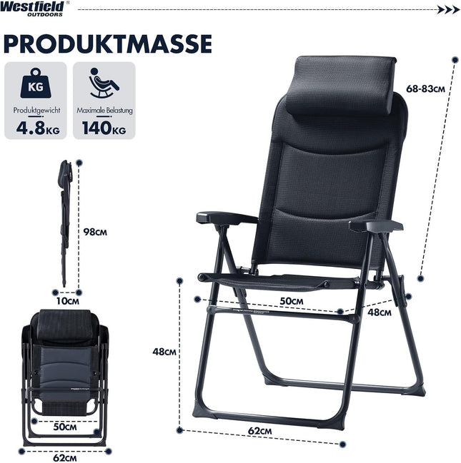 Westfield Outdoors Zenith Ergofit, Foldable Camping Chair, 5-Way Adjustable Backrest, Garden Chair up to 140 kg Load Capacity, Breathable, Adjustable Headrest, for Garden, Camping, Smoke Grey