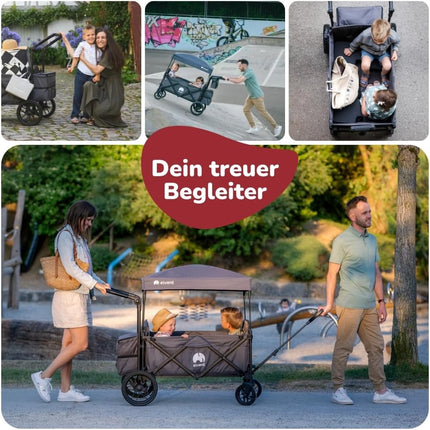 elvent Allrounder City Handcart - Foldable with Roof, Seat Padding, Rear Bag, Parking Brake, 5-Point Harness, 2 Children (Black)