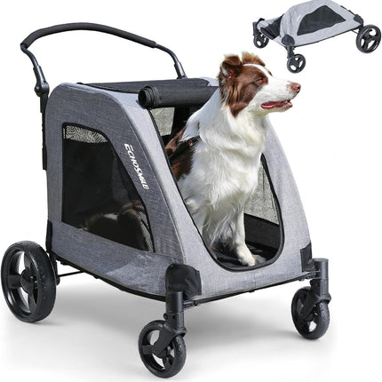 EchoSmile Dog Pram for Medium and Large Dogs up to 70 kg, Foldable Dog Buggy with Mesh Windows, Adjustable Handle and 4 Off-Road Wheels, Grey
