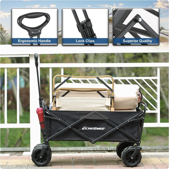 EchoSmile Handcart Foldable 200 L 160 kg, Hand Trolley, Transport Trolley, Foldable with Adjustable Handle and Side Pockets, Wide Wheels, All-Terrain Beach Trolley, Garden Trolley, Shopping Trolley, Black
