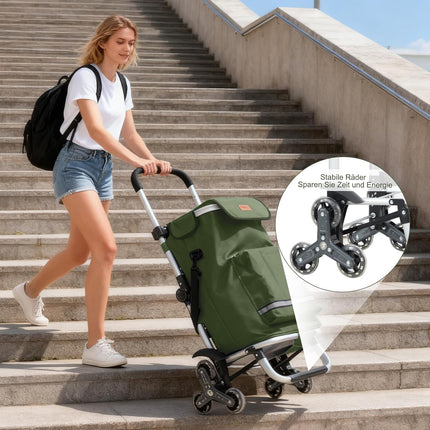Sekey Shopping Trolley Stair Climber with 3 Wheels, 3-in-1 Folding Shopping Trolley for Seniors - No More Heavy Carry, Lightweight, with Cooler Compartment & Drinks Compartment, Olive Green