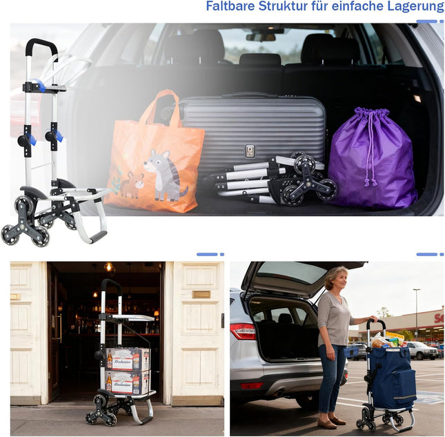 Sekey XXL Shopping Trolley Stair Climber with 3 Wheels, Shopping Trolley for Camping and Shopping with Height-Adjustable Handle, Aluminium 3-in-1 Trolley, Includes Cooling Compartment and Drinks Compartment, Blue