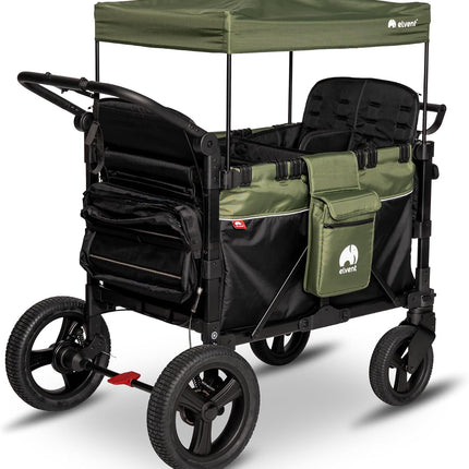elvent® FlexProfessional 4 Handcart 4-Seater TÜV-Certified I Folding Hand Trolley with Roof, 5-Point Harness, Parking Brake, 100 kg | Nursery & Day Care (Green)
