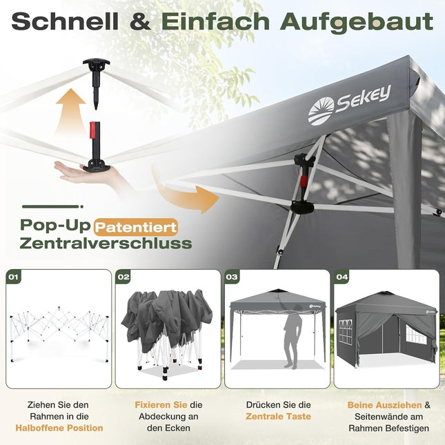 Sekey Pop Up Gazebo Waterproof Stable Winterproof with Side Walls, Folding Gazebo 3 x 3 m, Camping Gazebo Foldable Party Tent with Ventilation, Designer Series 3 x 3 (Grey, 3 x 3 with Side Walls)