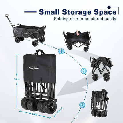 EchoSmile Handcart Foldable 200 L 160 kg, Hand Trolley, Transport Trolley, Foldable with Adjustable Handle and Side Pockets, Wide Wheels, All-Terrain Beach Trolley, Garden Trolley, Shopping Trolley, Black