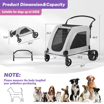 EchoSmile Dog Pram for Medium and Large Dogs up to 70 kg, Foldable Dog Buggy with Mesh Windows, Adjustable Handle and 4 Off-Road Wheels, Grey