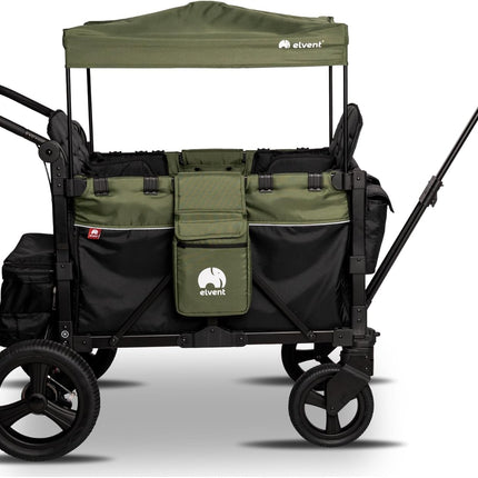 elvent® FlexProfessional 4 Handcart 4-Seater TÜV-Certified I Folding Hand Trolley with Roof, 5-Point Harness, Parking Brake, 100 kg | Nursery & Day Care (Green)