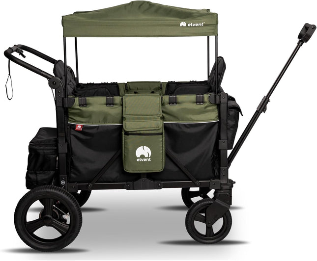 elvent® FlexProfessional 4 Handcart 4-Seater TÜV-Certified I Folding Hand Trolley with Roof, 5-Point Harness, Parking Brake, 100 kg | Nursery & Day Care (Green)