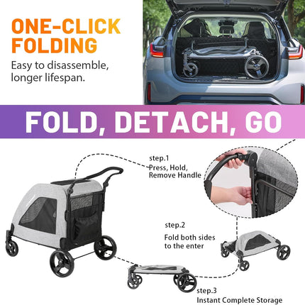 EchoSmile Dog Pram for Medium and Large Dogs up to 70 kg, Foldable Dog Buggy with Mesh Windows, Adjustable Handle and 4 Off-Road Wheels, Grey