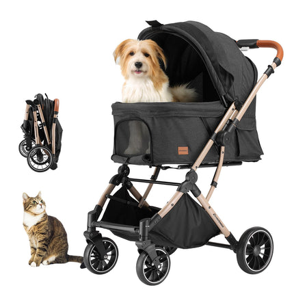 EchoSmile One-button folding dog pram, dog buggy up to 20 kg for small, medium dogs and cats, dog buggy and cat pram with reversible handle, shock absorption and removable washable pad (grey)