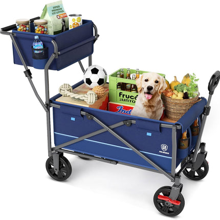 EVER ADVANCED Bollerwagen faltbar schieben&ziehen mit Bremse Einkaufskorb Getränkhalter Seitentasche Handwagen klappbar Strandwagen bis 120kg Faltwagen Transportwagen für Camping