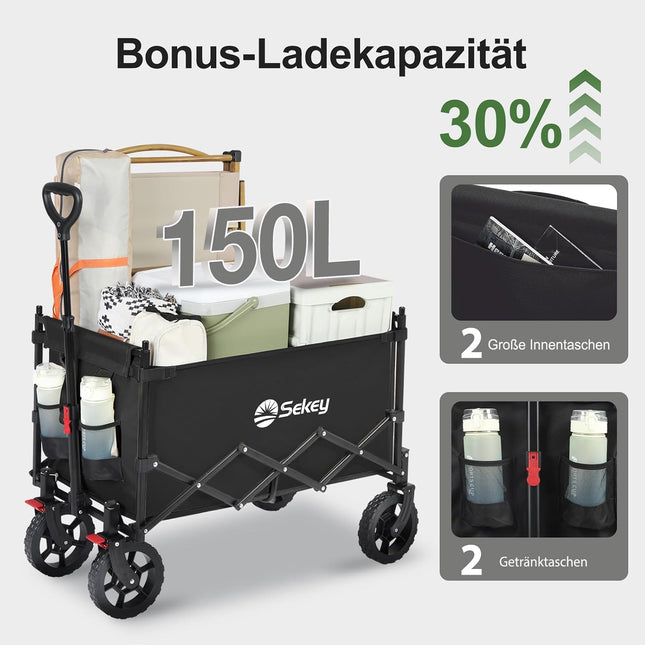 Sekey XXL Handcart Foldable Children's S4018 150L 150 kg Hand Trolley with Roof | Transport trolley with sun protection, folding handcart with off-road tyres with brake for excursions, beach, camping, black