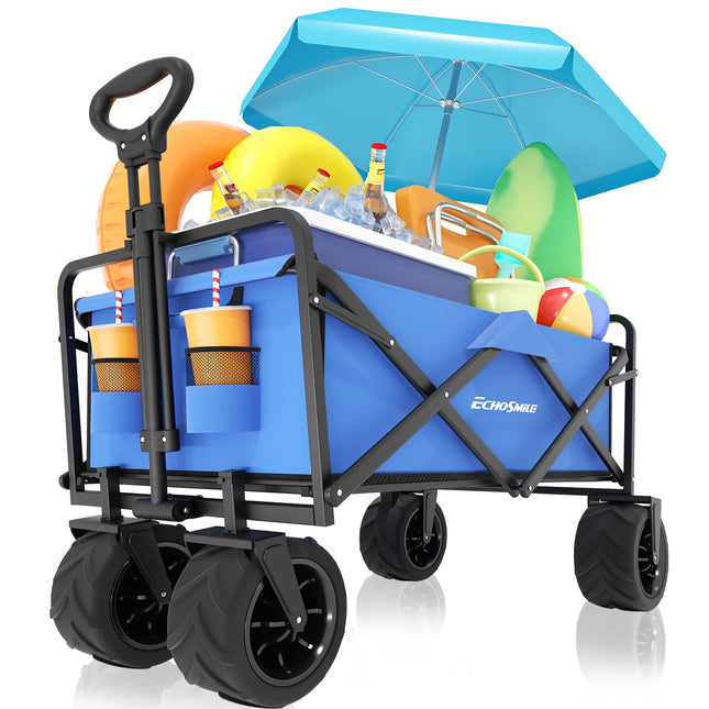 EchoSmile Handcart Foldable 200 L 160 kg, Hand Trolley, Transport Trolley, Foldable with Adjustable Handle and Side Pockets, Wide Wheels, All-Terrain Beach Trolley, Garden Trolley, Shopping Trolley, Black