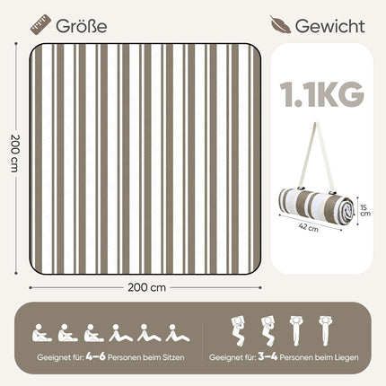 Sekey Picnic Blanket Waterproof 200 x 200 cm, Beach Blanket Sand-Free | Padded, Three-Layer Structure, PEVA Waterproof Base, Tie Strap Carry Strap, Suitable for Picnics, Camping, Beach