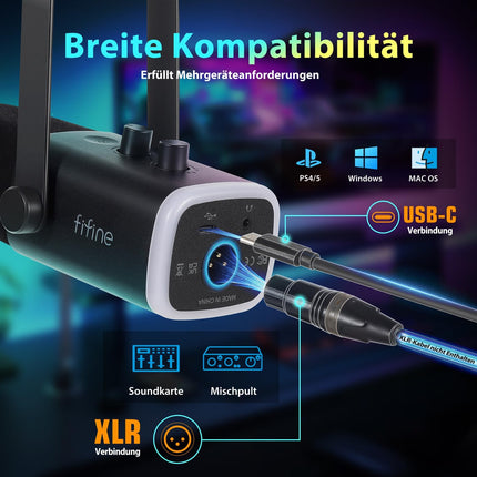 FIFINE XLR Streaming Microphone with Arm for Podcast Studio, USB Dynamic Microphone Gaming PC with Mute Button, for PS4/5 Mac Mixer Sound Cards