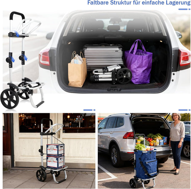 Sekey XXL Shopping Trolley - Foldable Compact Trolley Made of Lightweight Aluminium with Height-Adjustable Handle, Ideal for Shopping, Deliveries & Outdoor Activities, Blue
