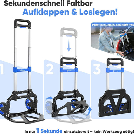 Sekey Aluminium Sack Truck, Foldable & Lightweight Transport Trolley, 80 kg Load Capacity, 3 Levels Height Adjustable & Foldable in Seconds, Folding Trolley with TPR Wheels & Ergonomic Handle