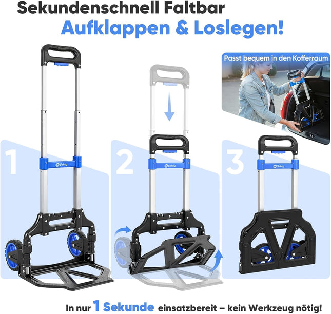 Sekey Aluminium Sack Truck, Foldable & Lightweight Transport Trolley, 80 kg Load Capacity, 3 Levels Height Adjustable & Foldable in Seconds, Folding Trolley with TPR Wheels & Ergonomic Handle