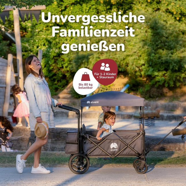 elvent Allrounder Premium Handcart - Foldable with Roof, Seat Padding, Rear Bag, Parking Brake, Off-Road Tyres, 5-Point Harness, 2 Children (Blue)