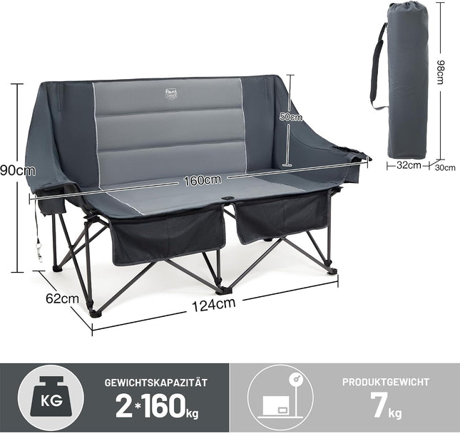 TIMBER RIDGE Folding Camping Chair for 2 People 320 kg Load Capacity Folding Sofa | Folding Chair XXL 2 Seater Camping Sofa with Drink Holders and Side Pocket High Back Chair for Outdoor Camping Balcony Garden