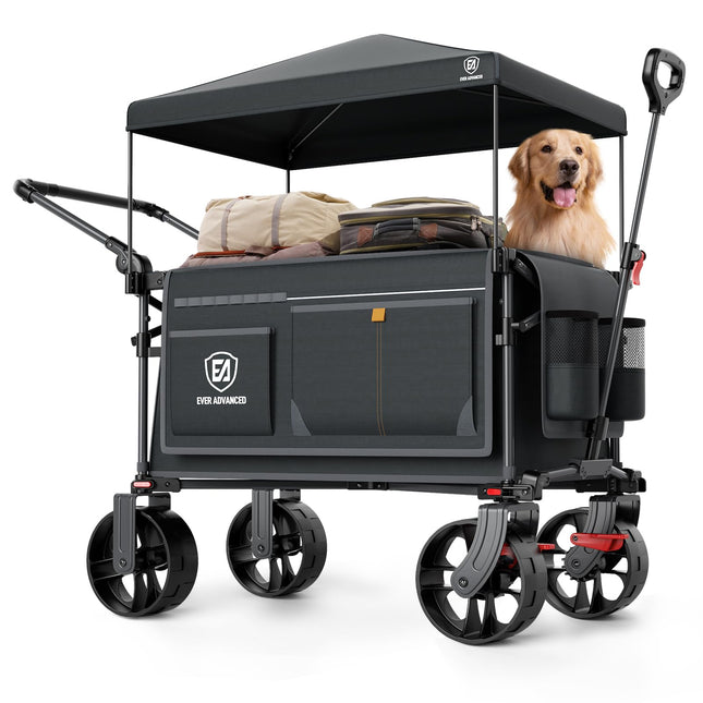 EVER ADVANCED XXL Handcart Foldable 225 L up to 150 kg with Brake Roof Hand Trolley Push & Pull Foldable Beach Trolley 20 x 8 cm Wide Wheels Folding Trolley for Camping Beach Shopping Animal Brown