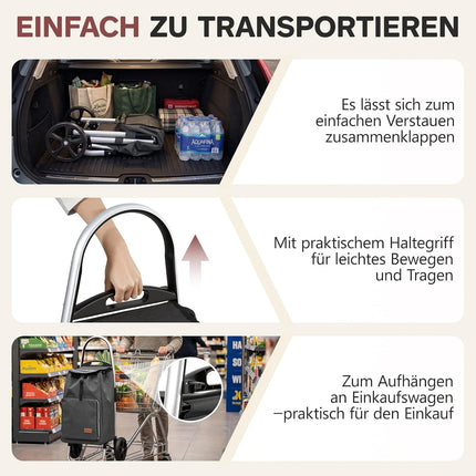 Sekey Foldable Shopping Trolley, XXL Shopping Bag with Cooling Compartment, Large Wheels, Aluminium Frame, Foldable Shopping Trolley for Shopping, Camping, Picnic and Everyday Life, Grey