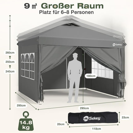 Sekey Pop Up Gazebo Waterproof Stable Winterproof with Side Walls, Folding Gazebo 3 x 3 m, Camping Gazebo Foldable Party Tent with Ventilation, Designer Series 3 x 3 (Grey, 3 x 3 with Side Walls)