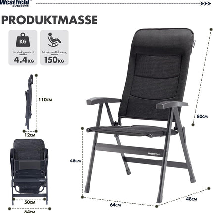Westfield Outdoors Royal Camping Chair, 7-Way Adjustable Backrest with 3D Mesh, Headrest, Maximum Load 150 kg, Lightweight Metal, Garden Chair for Camping, Garden, Caravan, Anthracite Grey