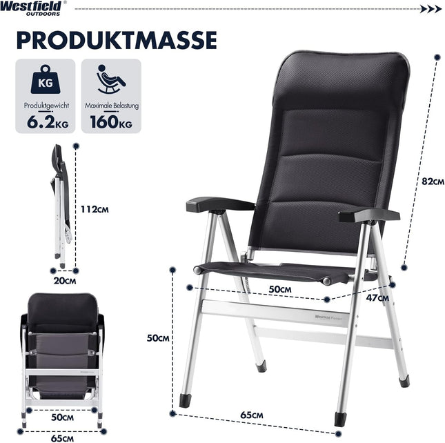 Westfield Outdoors Pioneer Folding Chair, Back-Adjustable Camping Chair in 5 Positions, 140 kg Load Capacity, Lightweight Aluminium Chair 6.2 kg, High Back for Caravan, Balcony, Camping, Dark Grey