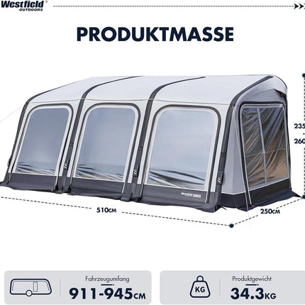 Westfield Outdoors Ceres 7 Inflatable Awning for Caravans, Height 235-260 cm, W 510 x D 250 cm, 3000 mm Hydrostatic Head, UV & Wind Resistant, Removable Walls, One-Point Inflation System, Includes Air
