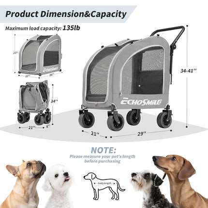 EchoSmile Dog Pram for Small and Medium Dogs up to 20 kg, Off-Road Foldable Dog Buggy with Double Brakes, Seat Belts in Car and Mesh Windows, Grey
