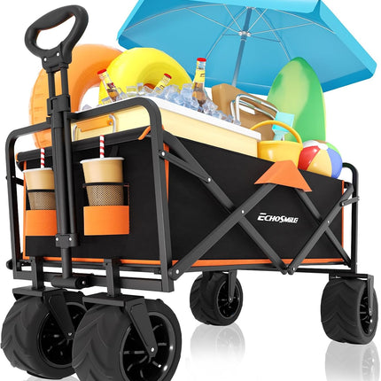 EchoSmile Handcart Foldable 200 L 160 kg, Hand Trolley, Transport Trolley, Foldable with Adjustable Handle and Side Pockets, Wide Wheels, All-Terrain Beach Trolley, Garden Trolley, Shopping Trolley, Black & Orange
