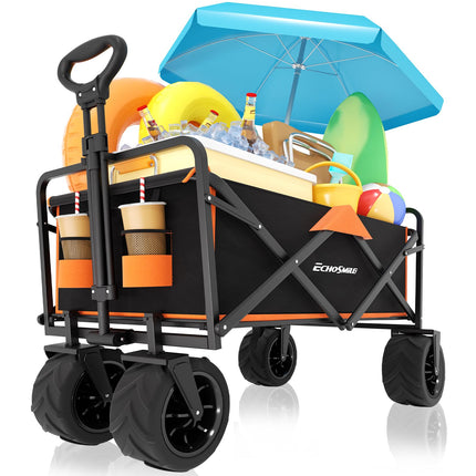 EchoSmile Handcart Foldable 200 L 160 kg, Hand Trolley, Transport Trolley, Foldable with Adjustable Handle and Side Pockets, Wide Wheels, All-Terrain Beach Trolley, Garden Trolley, Shopping Trolley, Black