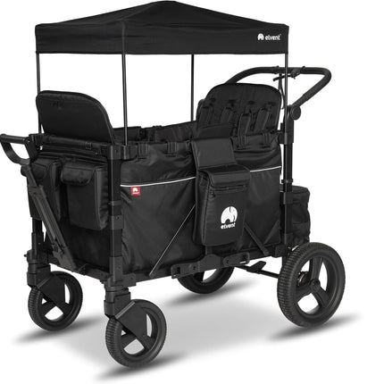 elvent® FlexProfessional 4 Handcart 4-Seater TÜV-Certified I Folding Hand Trolley with Roof, 5-Point Harness, Parking Brake, 100 kg | Nursery & Day Care (Black)