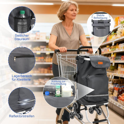 Sekey XXL Shopping Trolley Stair Climber with 3 Wheels, Shopping Trolley for Camping and Shopping with Height-Adjustable Handle, Aluminium 3-in-1 Trolley, Includes Cooling Compartment and Drinks Compartment, Grey