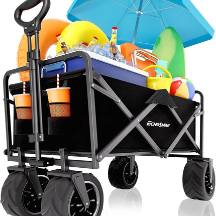 EchoSmile Handcart Foldable 200 L 160 kg, Hand Trolley, Transport Trolley, Foldable with Adjustable Handle and Side Pockets, Wide Wheels, All-Terrain Beach Trolley, Garden Trolley, Shopping Trolley, Black