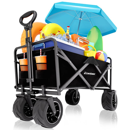 EchoSmile Handcart Foldable 200 L 160 kg, Hand Trolley, Transport Trolley, Foldable with Adjustable Handle and Side Pockets, Wide Wheels, All-Terrain Beach Trolley, Garden Trolley, Shopping Trolley, Black & Orange