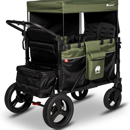 elvent® FlexProfessional 4 Handcart 4-Seater TÜV-Certified I Folding Hand Trolley with Roof, 5-Point Harness, Parking Brake, 100 kg | Nursery & Day Care (Green)