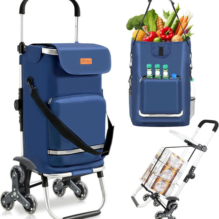 Sekey XXL Shopping Trolley Stair Climber with 3 Wheels, Shopping Trolley for Camping and Shopping with Height-Adjustable Handle, Aluminium 3-in-1 Trolley, Includes Cooling Compartment and Drinks Compartment, Blue