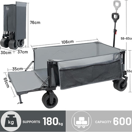 TIMBER RIDGE Handcart Foldable 600L Extra Long with Tailgate | Wide Tyre Brake 180 kg Hand Trolley with Side Pocket Drink Holder Adjustable Handle for All Terrain Camping Shopping
