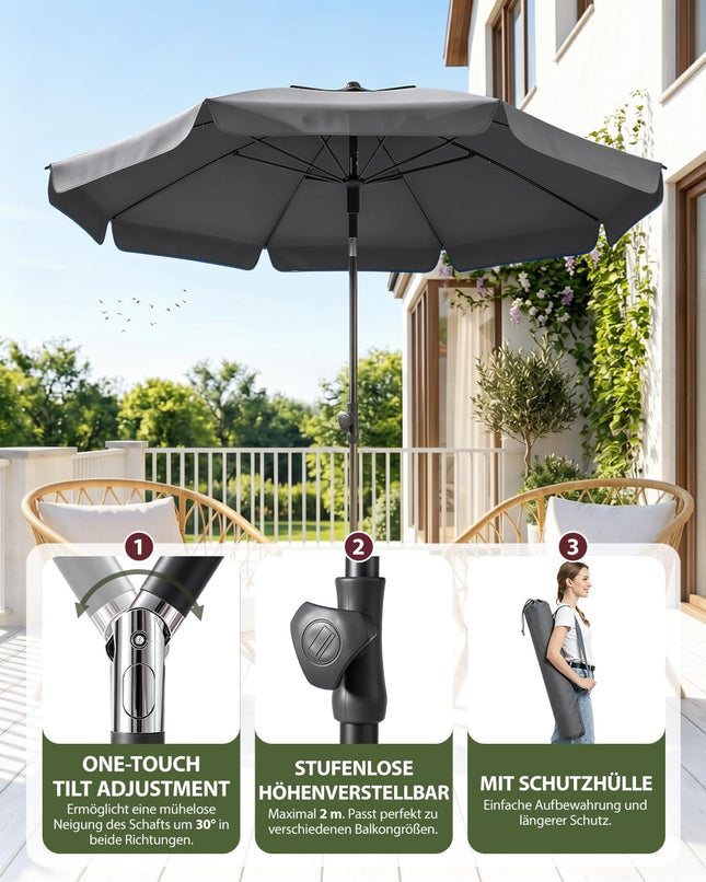 Sunula Balcony Parasol 180 cm with Protective Cover, Garden Umbrella with Bendable & Height-Adjustable, UPF 50+ UV Protection, Water-Repellent, for Balcony, Garden, Beach, Patio
