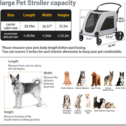 EchoSmile Dog Pram for Medium and Large Dogs up to 70 kg, Foldable Dog Buggy with Mesh Windows, Adjustable Handle and 4 Off-Road Wheels, Grey