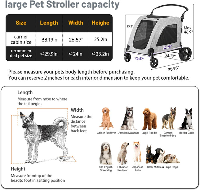 EchoSmile Dog Pram for Medium and Large Dogs up to 70 kg, Foldable Dog Buggy with Mesh Windows, Adjustable Handle and 4 Off-Road Wheels, Grey
