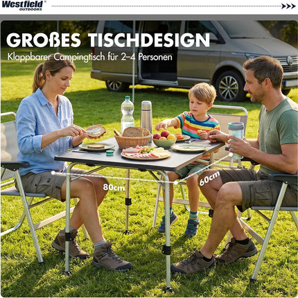 Westfield Outdoors Viper 80 Camping Table, Height Adjustable Garden Table, 80 x 60 cm Table Top for 2-4 People, Durable and Easy to Clean, Foldable, for Camping, Garden and Caravan