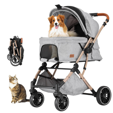 EchoSmile One-button folding dog pram, dog buggy up to 20 kg for small, medium dogs and cats, dog buggy and cat pram with reversible handle, shock absorption and removable washable pad (grey)