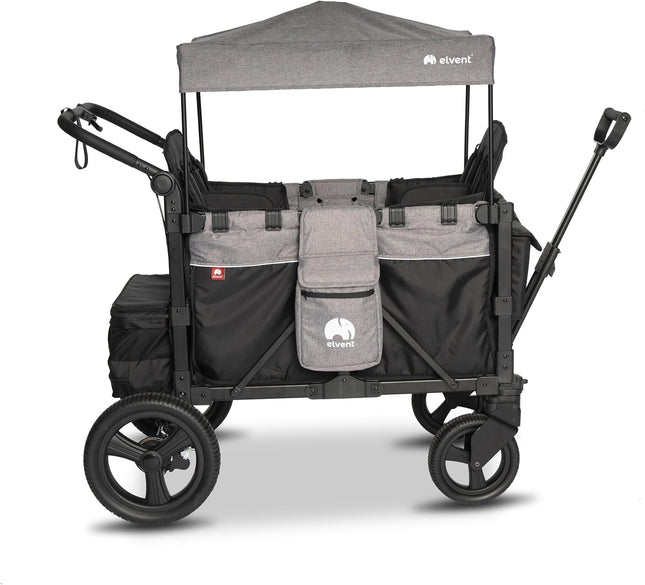 elvent® FlexProfessional 4 Handcart 4-Seater TÜV-Certified I Folding Hand Trolley with Roof, 5-Point Harness, Parking Brake, 100 kg | Nursery & Day Care (Grey)