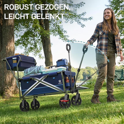 EVER ADVANCED Bollerwagen faltbar schieben&ziehen mit Bremse Einkaufskorb Getränkhalter Seitentasche Handwagen klappbar Strandwagen bis 120kg Faltwagen Transportwagen für Camping