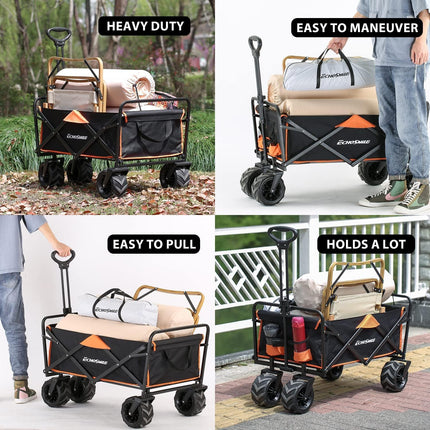 EchoSmile Handcart Foldable 200 L 160 kg, Hand Trolley, Transport Trolley, Foldable with Adjustable Handle and Side Pockets, Wide Wheels, All-Terrain Beach Trolley, Garden Trolley, Shopping Trolley, Black & Orange
