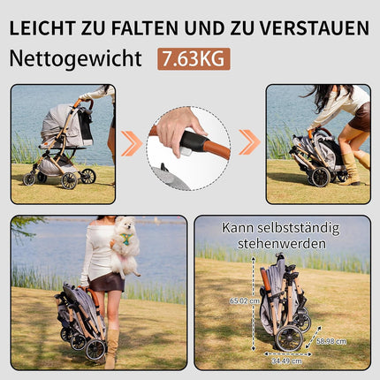 EchoSmile One-button folding dog pram, dog buggy up to 20 kg for small, medium dogs and cats, dog buggy and cat pram with reversible handle, shock absorption and removable washable pad (grey)